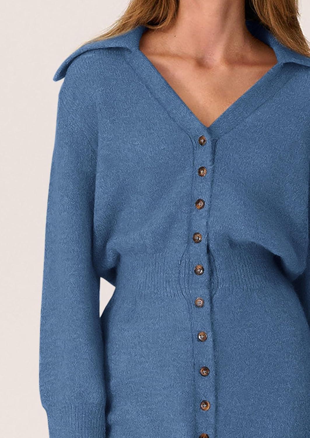 imagePRETTYGARDEN Sweater Dresses for Women 2026 Trendy Long Sleeve Button Down Short Mini Fall Winter DressMist Blue