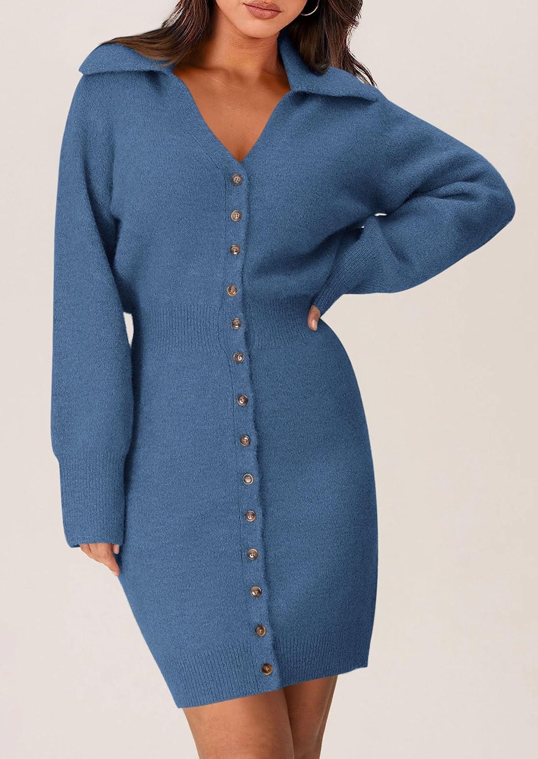 imagePRETTYGARDEN Sweater Dresses for Women 2026 Trendy Long Sleeve Button Down Short Mini Fall Winter DressMist Blue