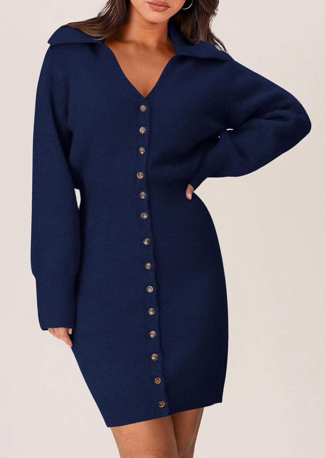 imagePRETTYGARDEN Sweater Dresses for Women 2026 Trendy Long Sleeve Button Down Short Mini Fall Winter DressNavy