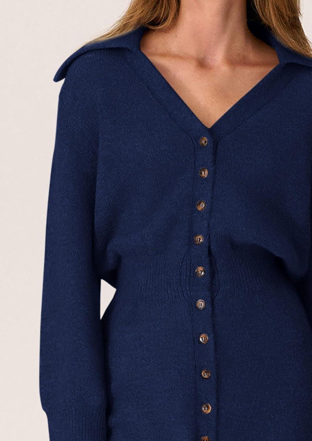 imagePRETTYGARDEN Sweater Dresses for Women 2026 Trendy Long Sleeve Button Down Short Mini Fall Winter DressNavy