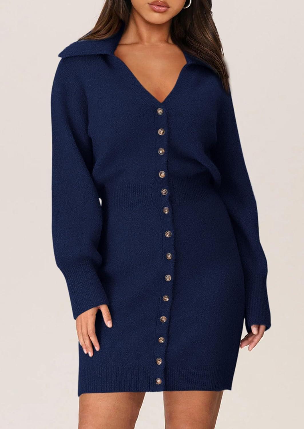 imagePRETTYGARDEN Sweater Dresses for Women 2026 Trendy Long Sleeve Button Down Short Mini Fall Winter DressNavy