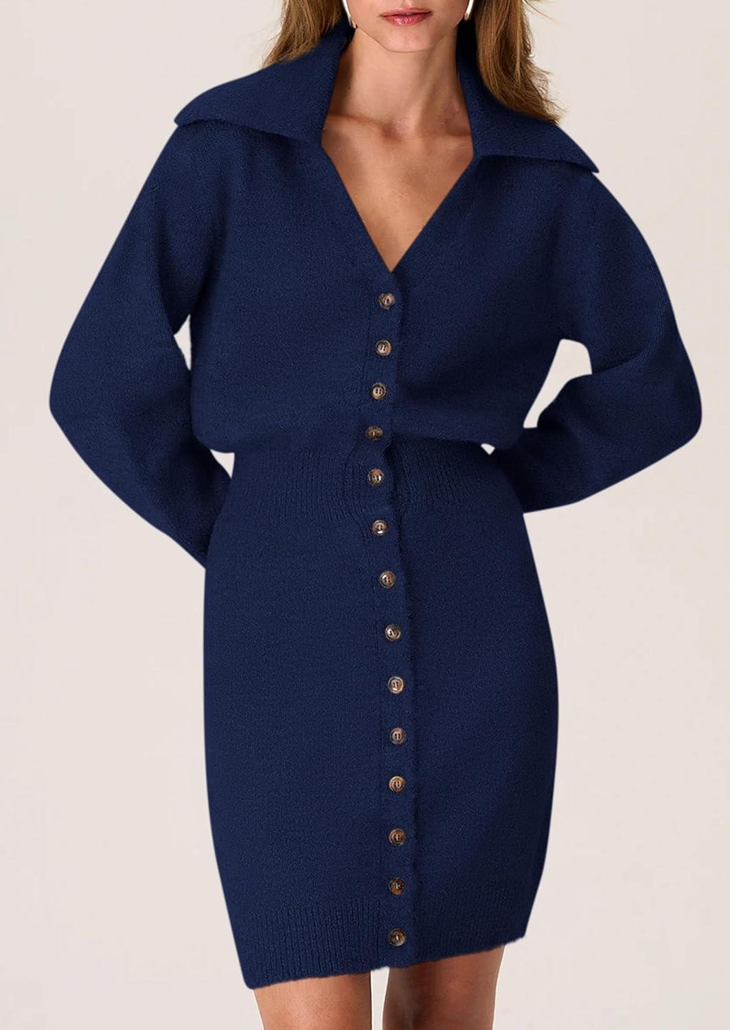 imagePRETTYGARDEN Sweater Dresses for Women 2026 Trendy Long Sleeve Button Down Short Mini Fall Winter DressNavy