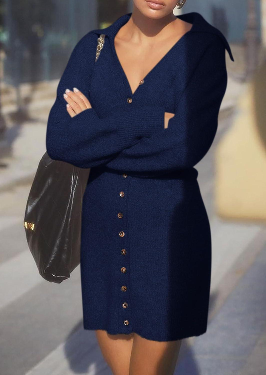 imagePRETTYGARDEN Sweater Dresses for Women 2026 Trendy Long Sleeve Button Down Short Mini Fall Winter DressNavy
