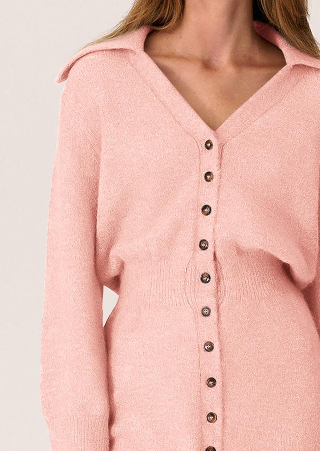 imagePRETTYGARDEN Sweater Dresses for Women 2026 Trendy Long Sleeve Button Down Short Mini Fall Winter DressPink