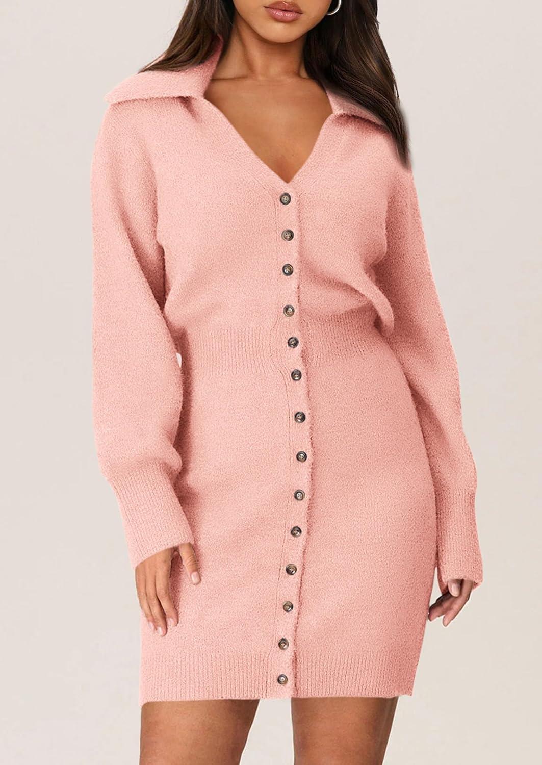 imagePRETTYGARDEN Sweater Dresses for Women 2026 Trendy Long Sleeve Button Down Short Mini Fall Winter DressPink