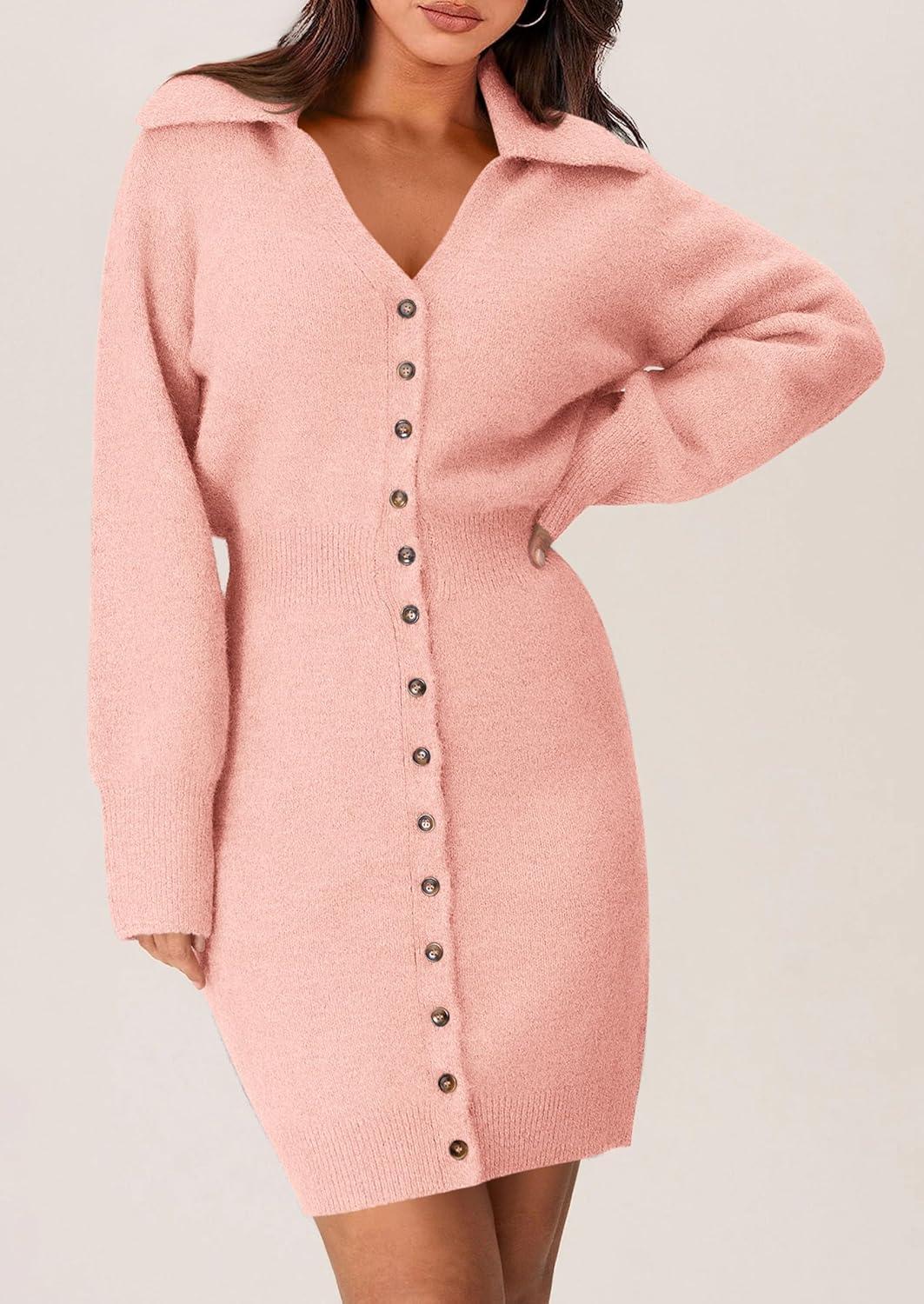 imagePRETTYGARDEN Sweater Dresses for Women 2026 Trendy Long Sleeve Button Down Short Mini Fall Winter DressPink