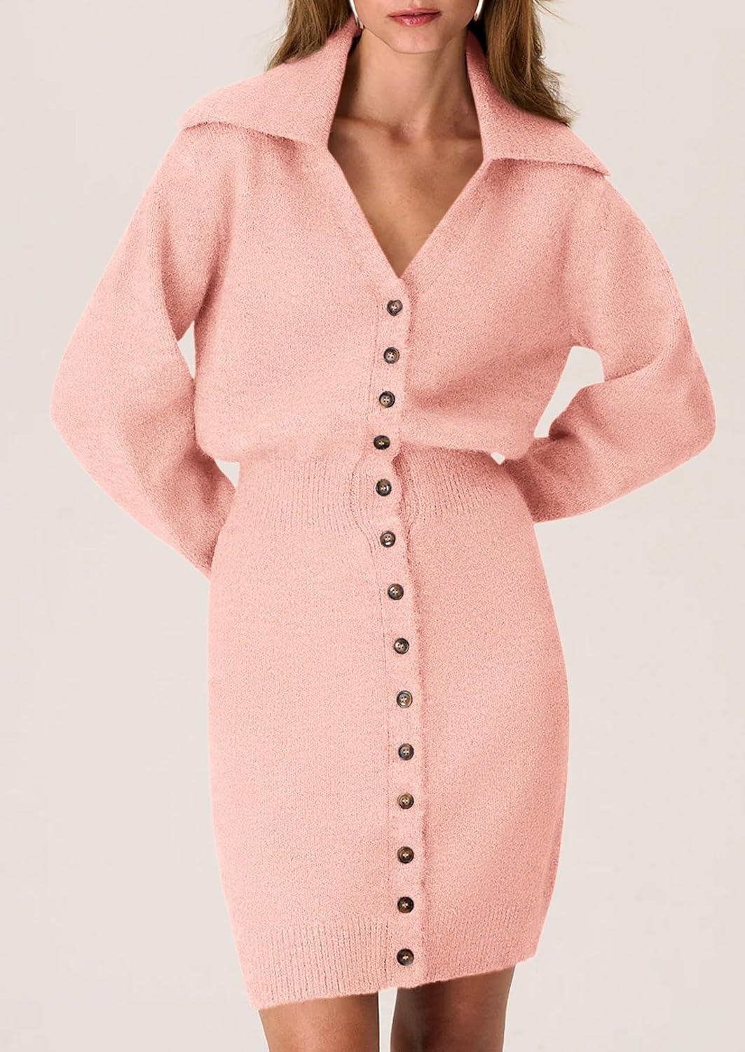 imagePRETTYGARDEN Sweater Dresses for Women 2026 Trendy Long Sleeve Button Down Short Mini Fall Winter DressPink