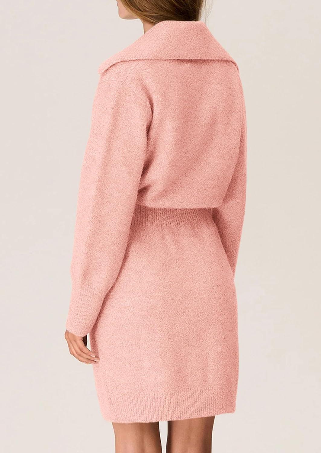 imagePRETTYGARDEN Sweater Dresses for Women 2026 Trendy Long Sleeve Button Down Short Mini Fall Winter DressPink