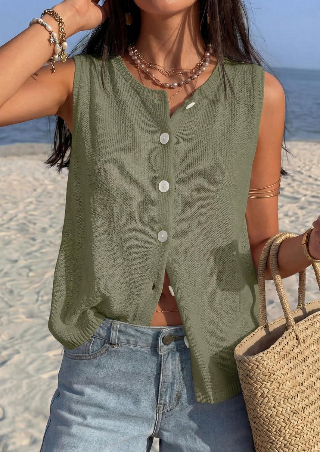 imagePRETTYGARDEN Vest Tops for Women 2026 Summer Sleeveless Sweater Tops Spring Trendy Knit Vests Cute Button Up CardiganArmy Green