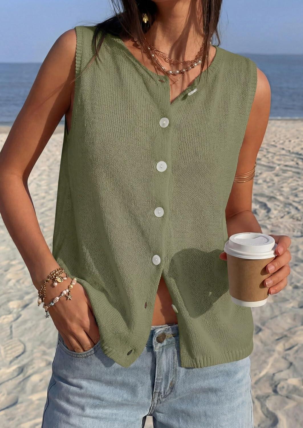 imagePRETTYGARDEN Vest Tops for Women 2026 Summer Sleeveless Sweater Tops Spring Trendy Knit Vests Cute Button Up CardiganArmy Green
