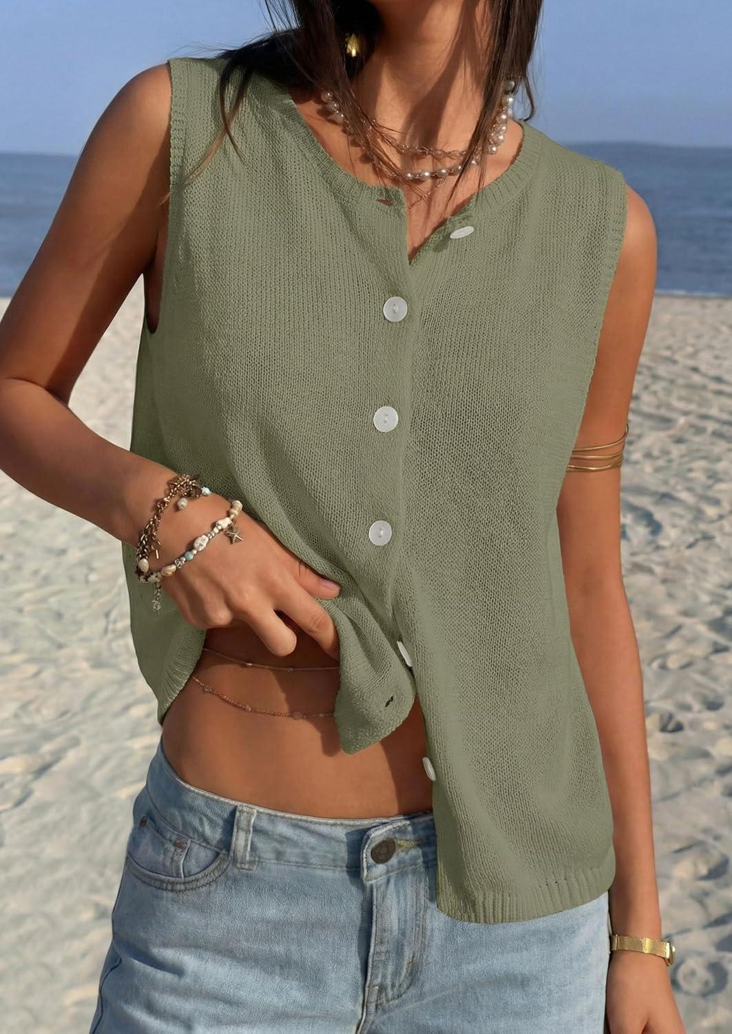 imagePRETTYGARDEN Vest Tops for Women 2026 Summer Sleeveless Sweater Tops Spring Trendy Knit Vests Cute Button Up CardiganArmy Green