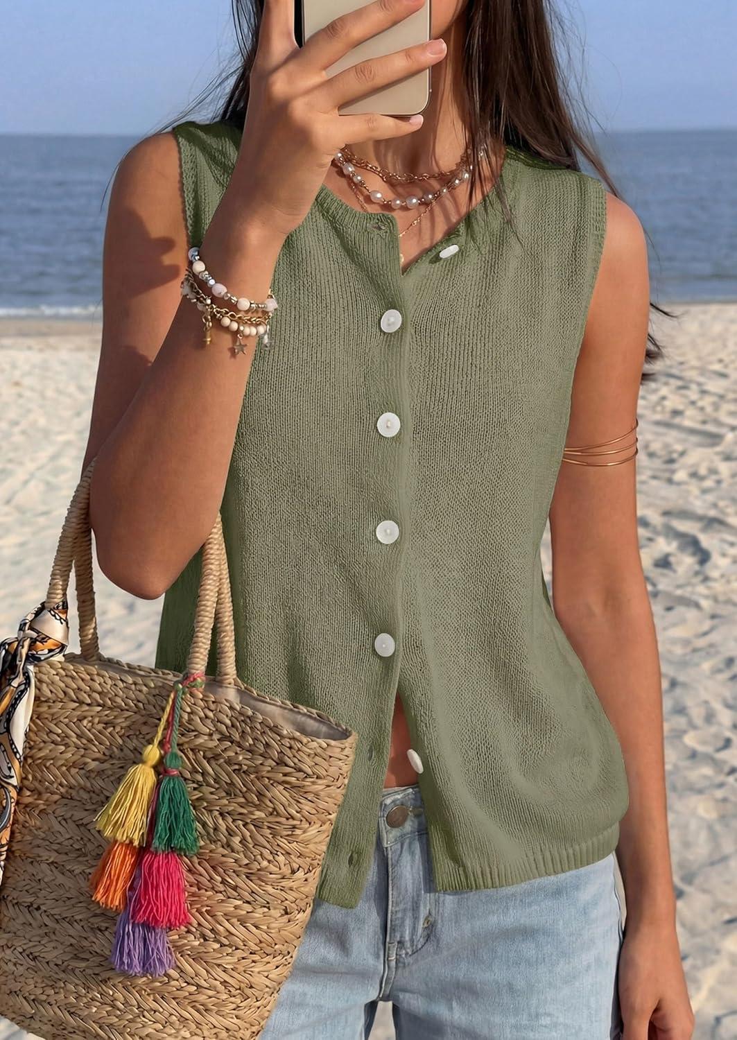 imagePRETTYGARDEN Vest Tops for Women 2026 Summer Sleeveless Sweater Tops Spring Trendy Knit Vests Cute Button Up CardiganArmy Green