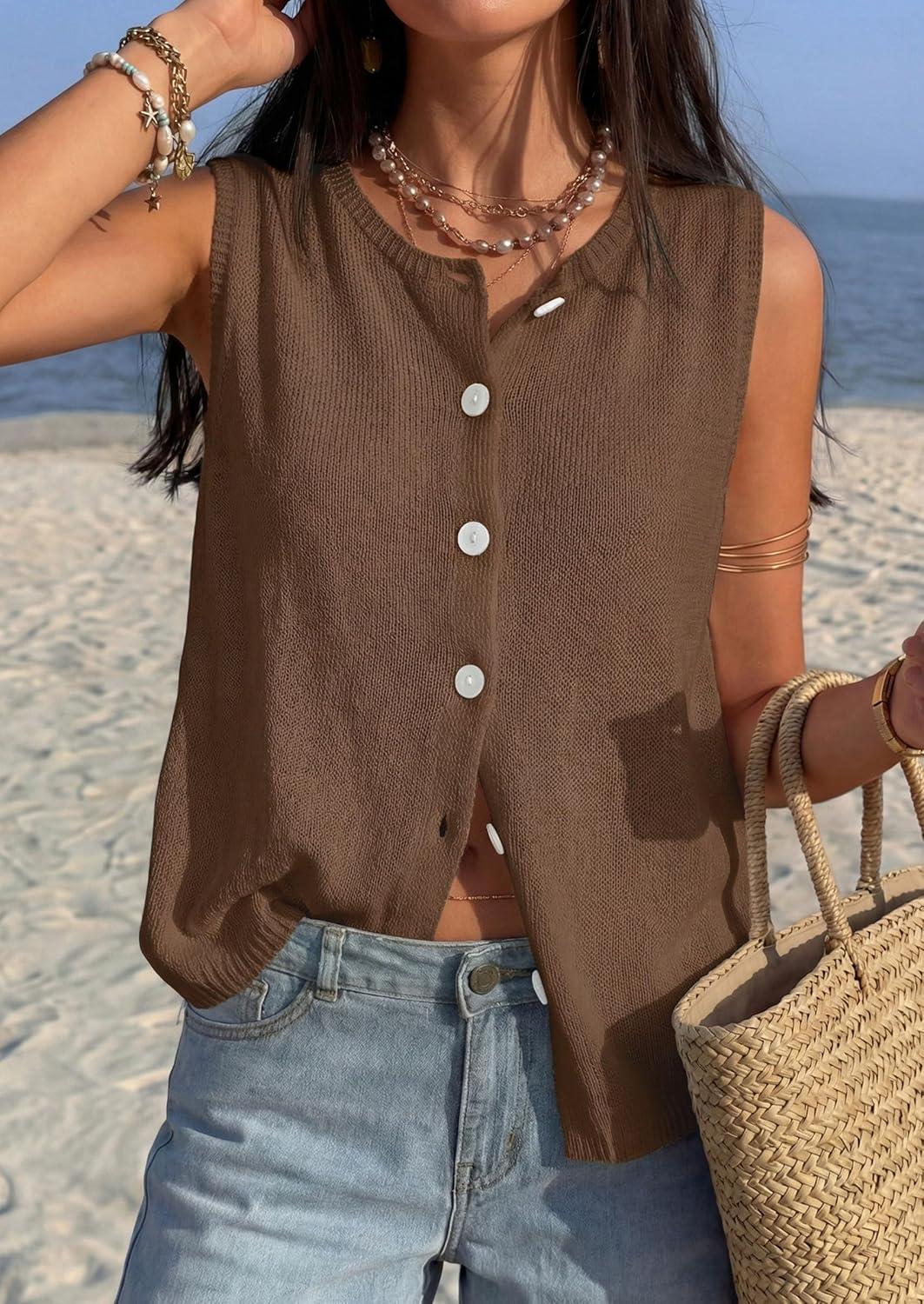 imagePRETTYGARDEN Vest Tops for Women 2026 Summer Sleeveless Sweater Tops Spring Trendy Knit Vests Cute Button Up CardiganBrown