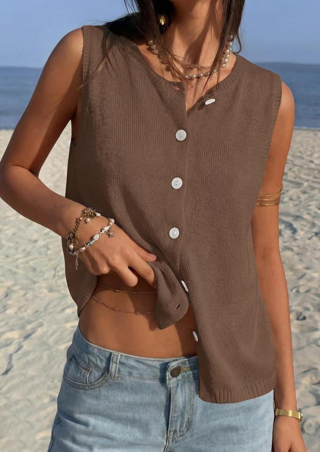 imagePRETTYGARDEN Vest Tops for Women 2026 Summer Sleeveless Sweater Tops Spring Trendy Knit Vests Cute Button Up CardiganBrown