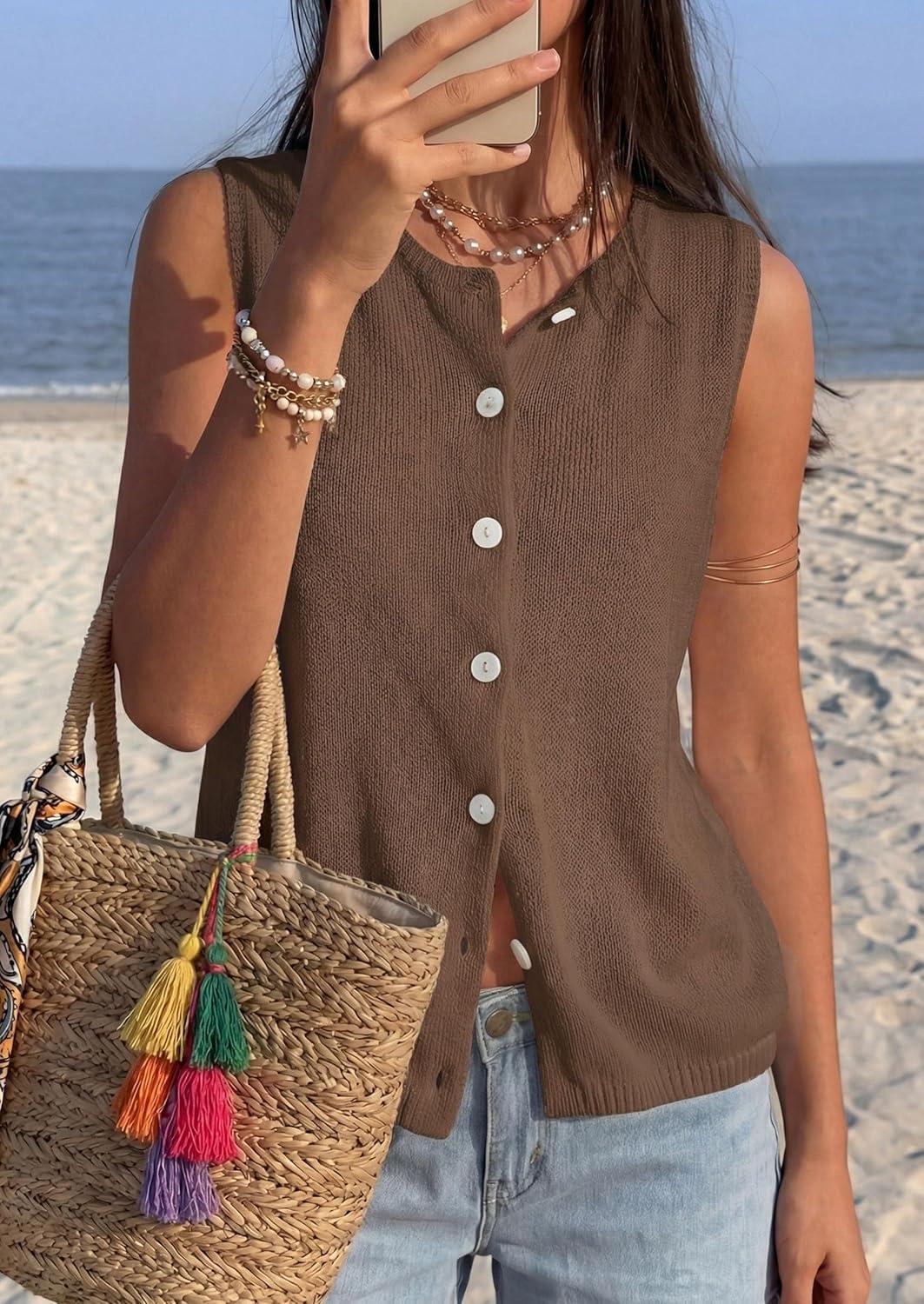 imagePRETTYGARDEN Vest Tops for Women 2026 Summer Sleeveless Sweater Tops Spring Trendy Knit Vests Cute Button Up CardiganBrown