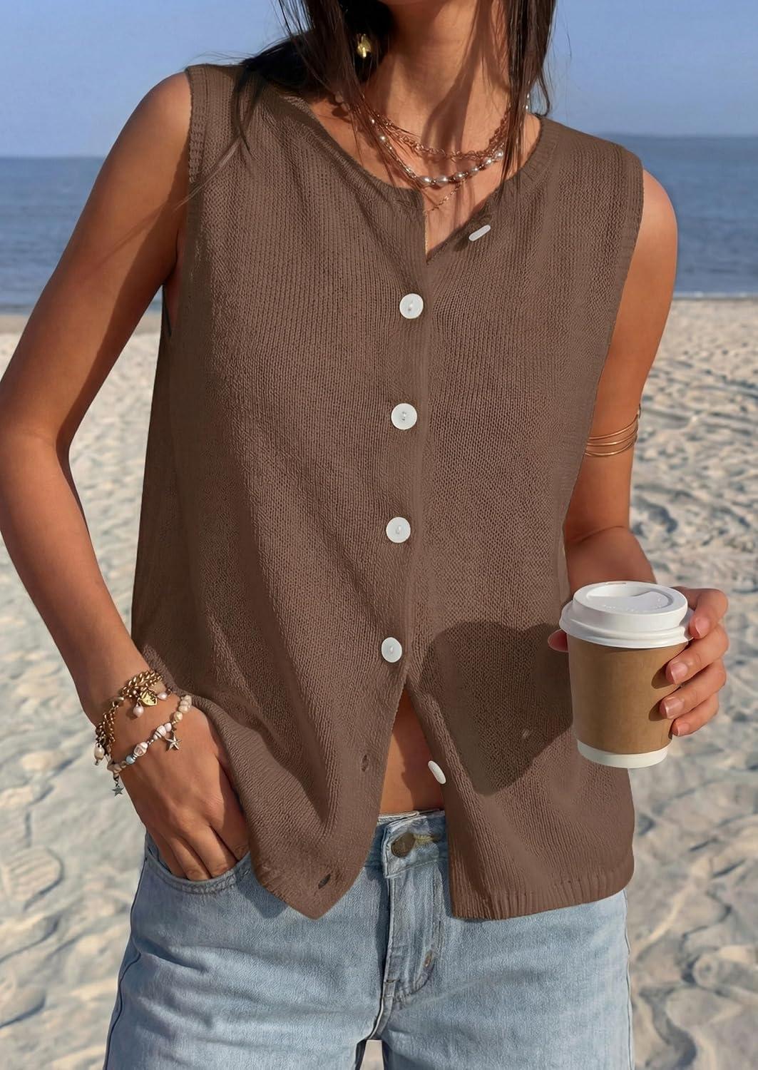 imagePRETTYGARDEN Vest Tops for Women 2026 Summer Sleeveless Sweater Tops Spring Trendy Knit Vests Cute Button Up CardiganBrown