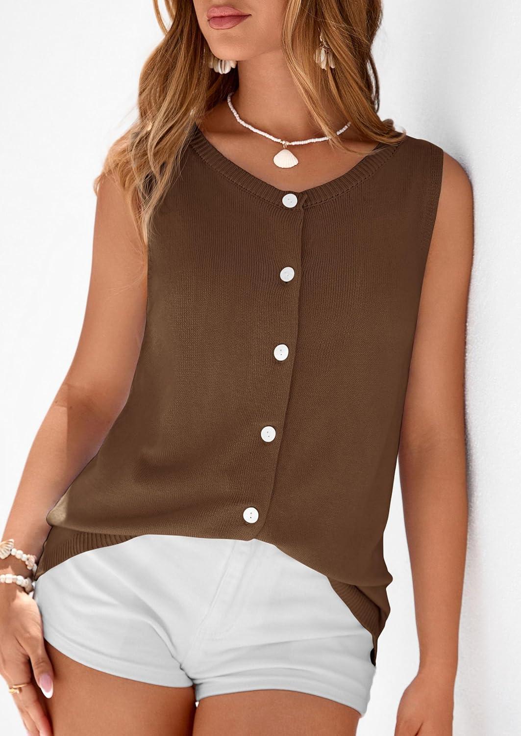imagePRETTYGARDEN Vest Tops for Women 2026 Summer Sleeveless Sweater Tops Spring Trendy Knit Vests Cute Button Up CardiganBrown