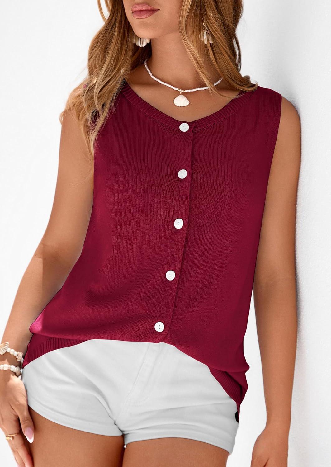 imagePRETTYGARDEN Vest Tops for Women 2026 Summer Sleeveless Sweater Tops Spring Trendy Knit Vests Cute Button Up CardiganBurgundy
