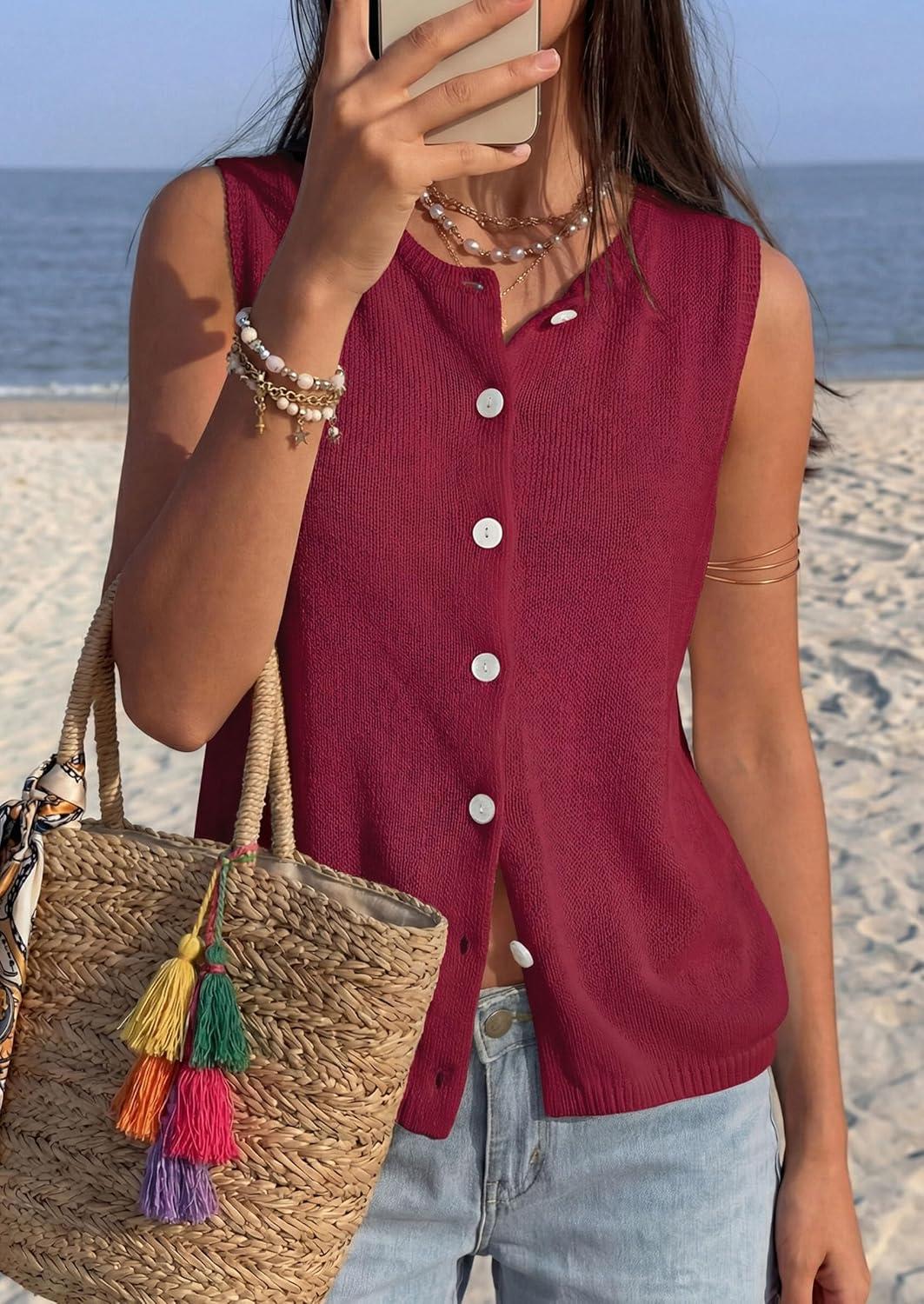 imagePRETTYGARDEN Vest Tops for Women 2026 Summer Sleeveless Sweater Tops Spring Trendy Knit Vests Cute Button Up CardiganBurgundy