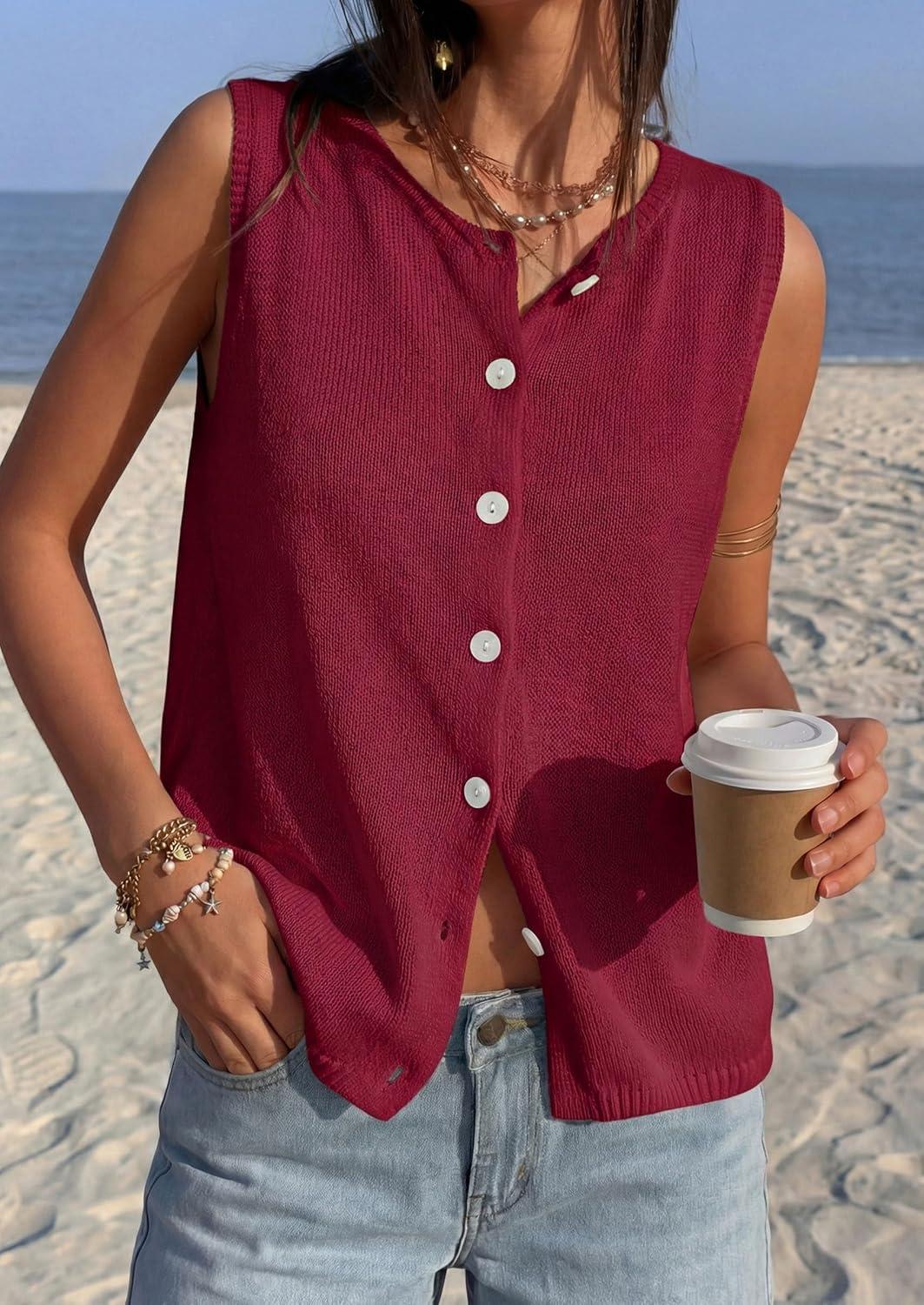 imagePRETTYGARDEN Vest Tops for Women 2026 Summer Sleeveless Sweater Tops Spring Trendy Knit Vests Cute Button Up CardiganBurgundy