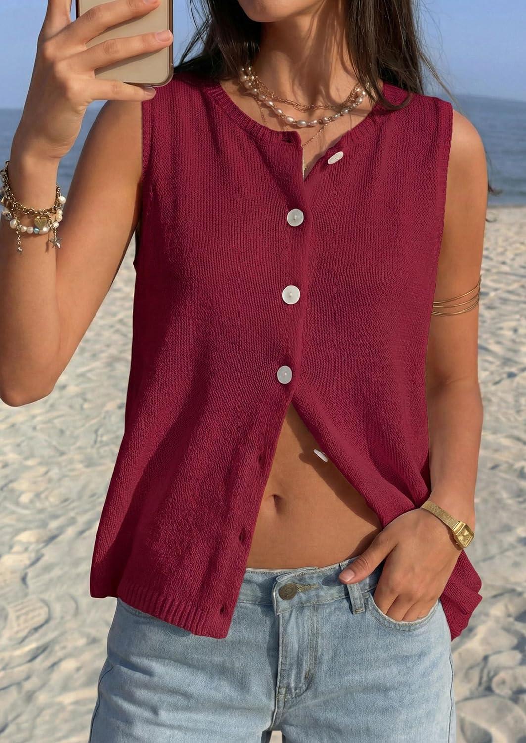 imagePRETTYGARDEN Vest Tops for Women 2026 Summer Sleeveless Sweater Tops Spring Trendy Knit Vests Cute Button Up CardiganBurgundy