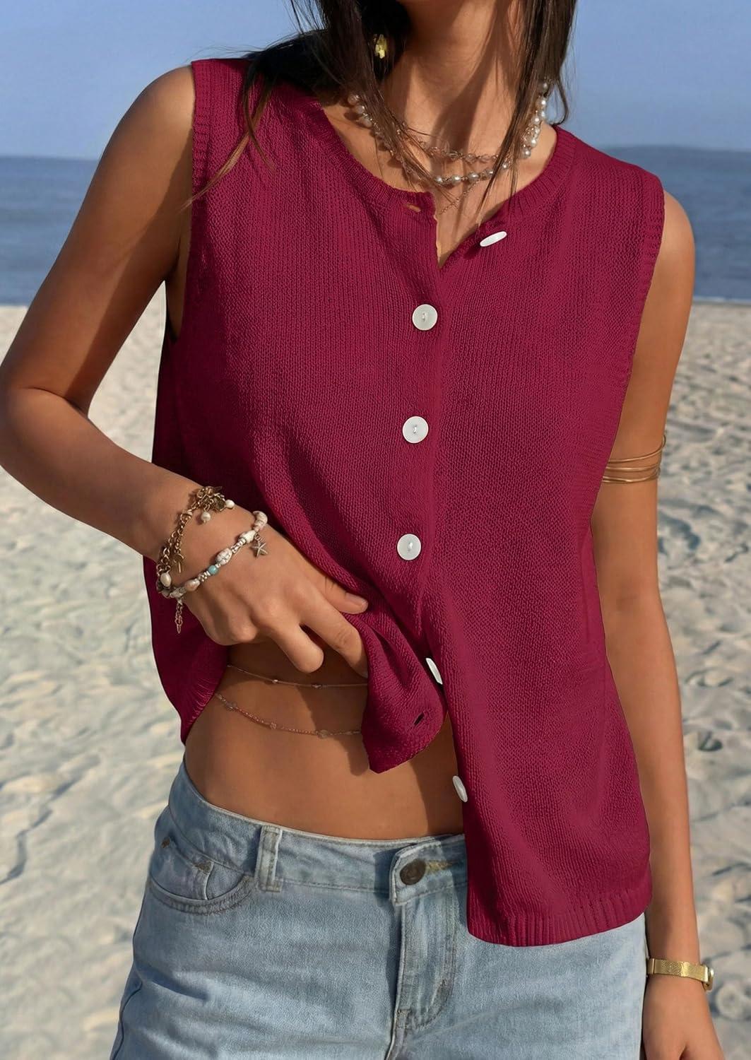imagePRETTYGARDEN Vest Tops for Women 2026 Summer Sleeveless Sweater Tops Spring Trendy Knit Vests Cute Button Up CardiganBurgundy