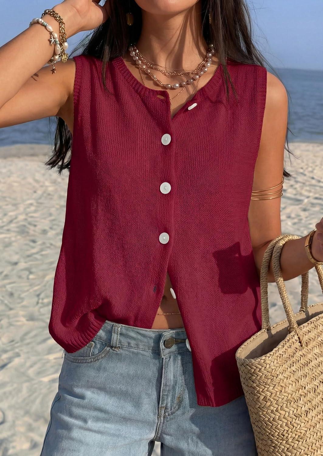 imagePRETTYGARDEN Vest Tops for Women 2026 Summer Sleeveless Sweater Tops Spring Trendy Knit Vests Cute Button Up CardiganBurgundy