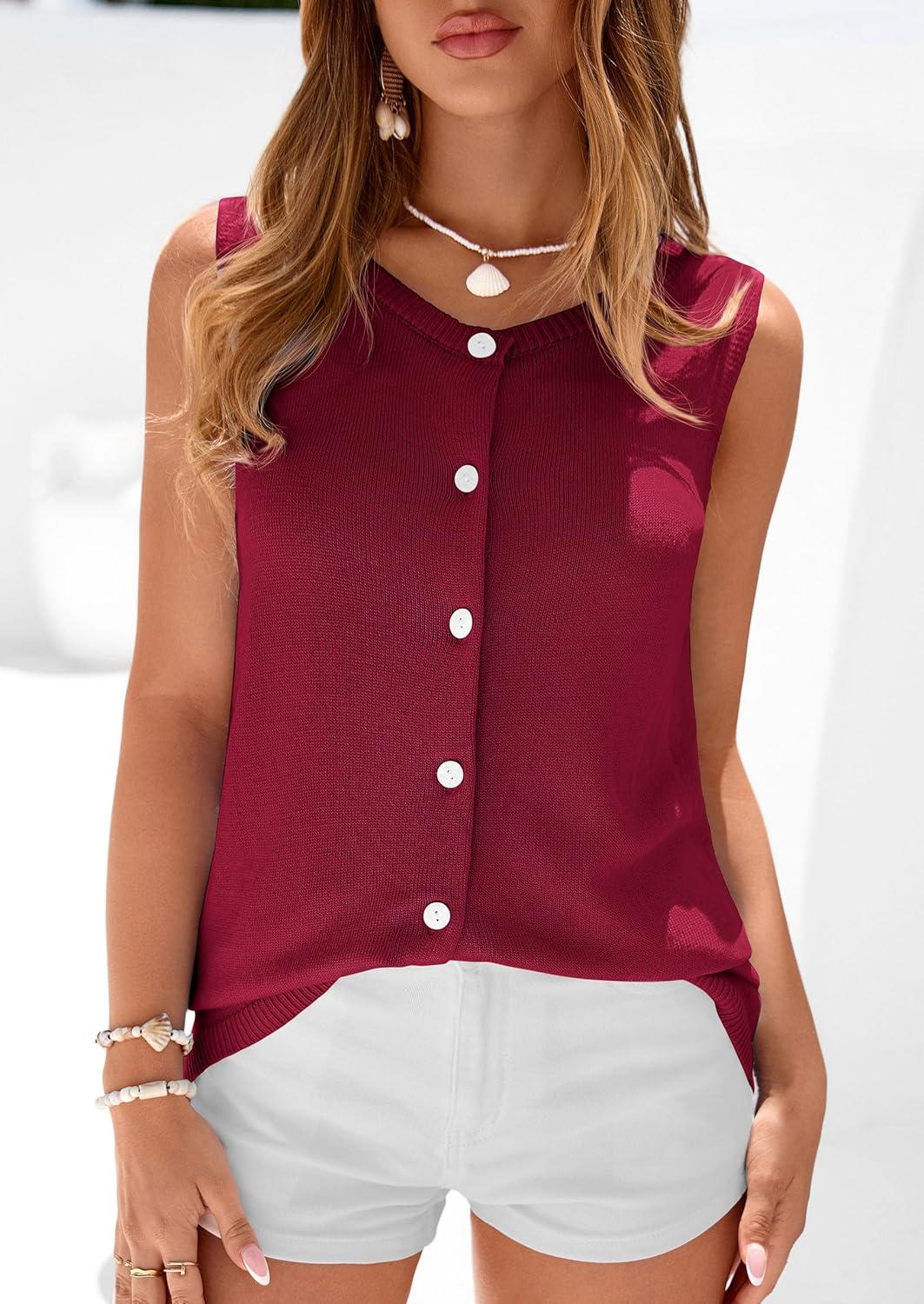 imagePRETTYGARDEN Vest Tops for Women 2026 Summer Sleeveless Sweater Tops Spring Trendy Knit Vests Cute Button Up CardiganBurgundy