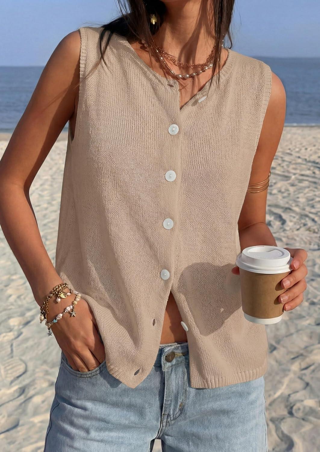 imagePRETTYGARDEN Vest Tops for Women 2026 Summer Sleeveless Sweater Tops Spring Trendy Knit Vests Cute Button Up CardiganKhaki