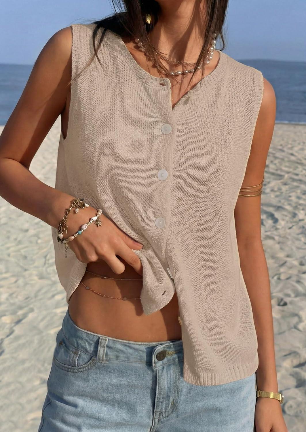 imagePRETTYGARDEN Vest Tops for Women 2026 Summer Sleeveless Sweater Tops Spring Trendy Knit Vests Cute Button Up CardiganKhaki