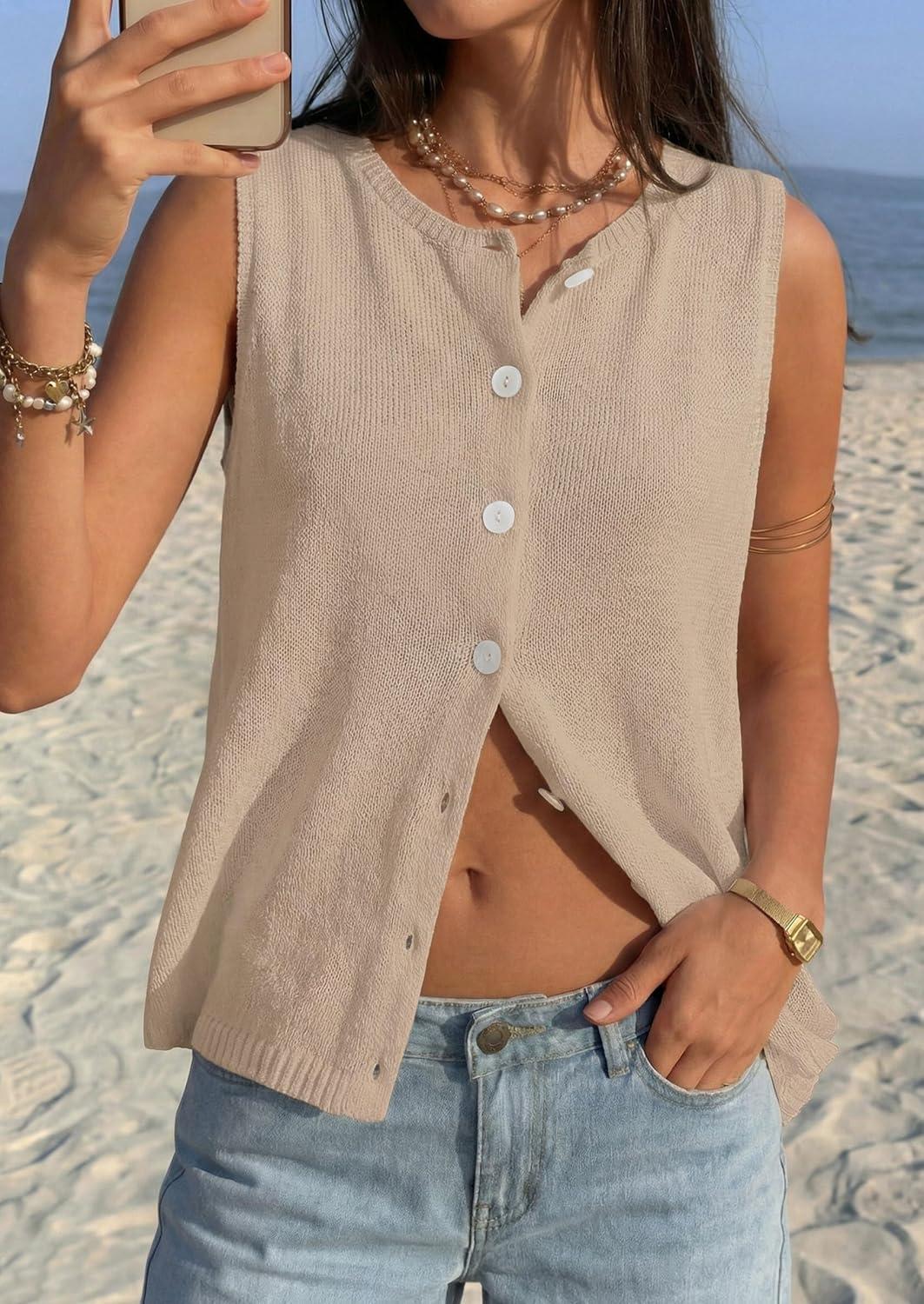imagePRETTYGARDEN Vest Tops for Women 2026 Summer Sleeveless Sweater Tops Spring Trendy Knit Vests Cute Button Up CardiganKhaki
