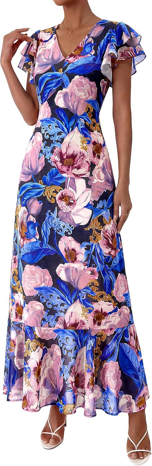 imagePRETTYGARDEN Wedding Guest Dresses for Women 2026 Spring Summer Short Sleeve Ruffle V Neck Floral Flowy Beach Maxi Long DressBlack Pink Flower