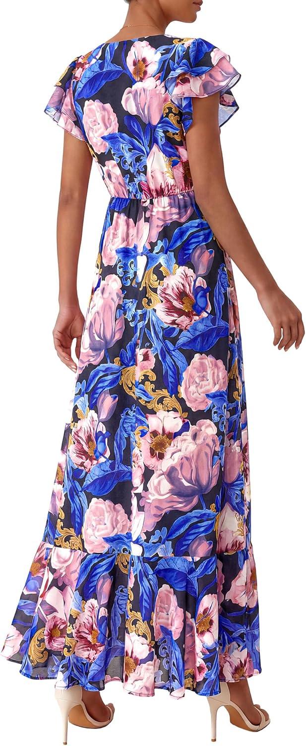 imagePRETTYGARDEN Wedding Guest Dresses for Women 2026 Spring Summer Short Sleeve Ruffle V Neck Floral Flowy Beach Maxi Long DressBlack Pink Flower