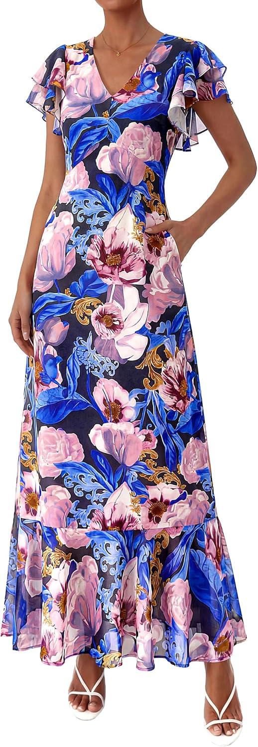 imagePRETTYGARDEN Wedding Guest Dresses for Women 2026 Spring Summer Short Sleeve Ruffle V Neck Floral Flowy Beach Maxi Long DressBlack Pink Flower