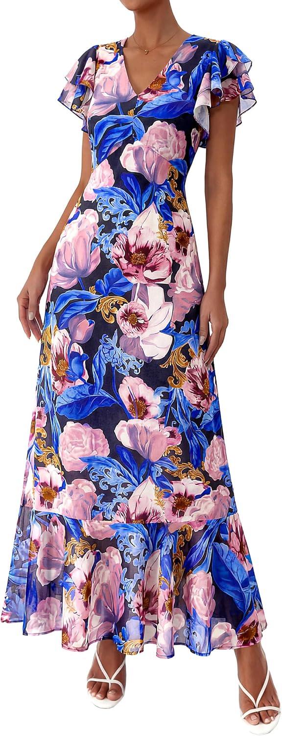 imagePRETTYGARDEN Wedding Guest Dresses for Women 2026 Spring Summer Short Sleeve Ruffle V Neck Floral Flowy Beach Maxi Long DressBlack Pink Flower