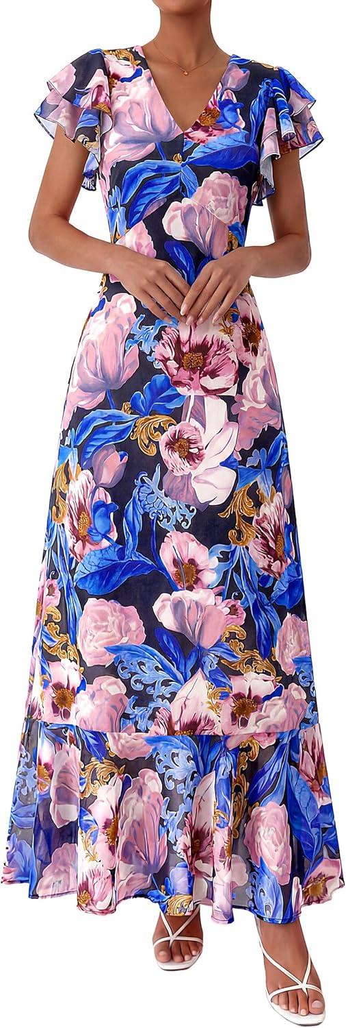 imagePRETTYGARDEN Wedding Guest Dresses for Women 2026 Spring Summer Short Sleeve Ruffle V Neck Floral Flowy Beach Maxi Long DressBlack Pink Flower