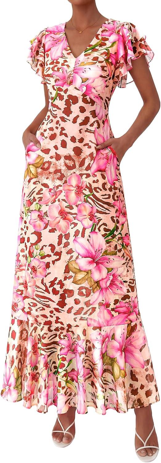 imagePRETTYGARDEN Wedding Guest Dresses for Women 2026 Spring Summer Short Sleeve Ruffle V Neck Floral Flowy Beach Maxi Long DressFloral Apricot Pink