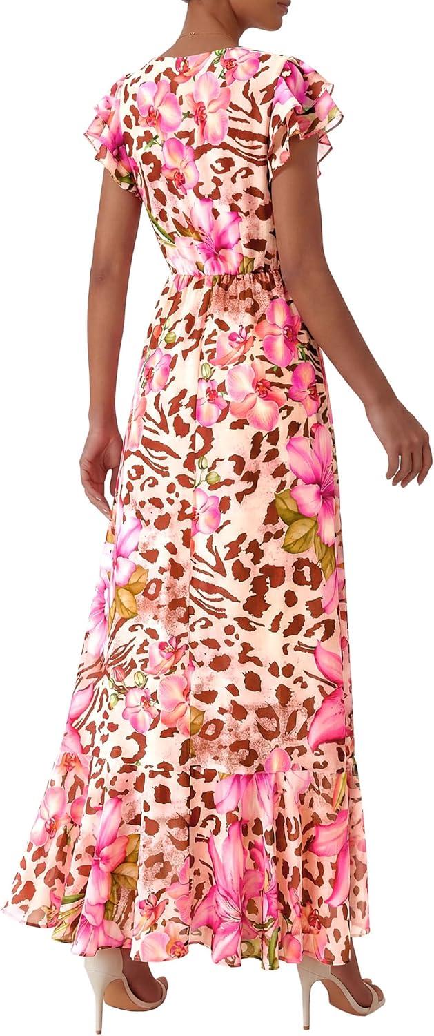 imagePRETTYGARDEN Wedding Guest Dresses for Women 2026 Spring Summer Short Sleeve Ruffle V Neck Floral Flowy Beach Maxi Long DressFloral Apricot Pink