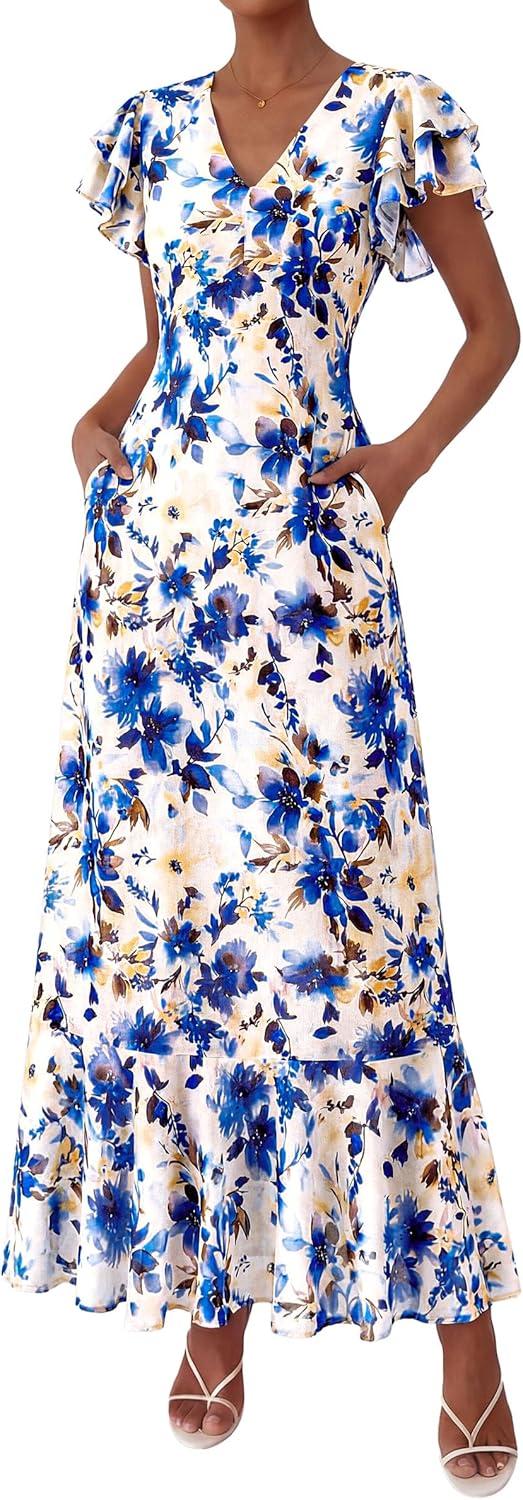 imagePRETTYGARDEN Wedding Guest Dresses for Women 2026 Spring Summer Short Sleeve Ruffle V Neck Floral Flowy Beach Maxi Long DressFloral Beige Blue