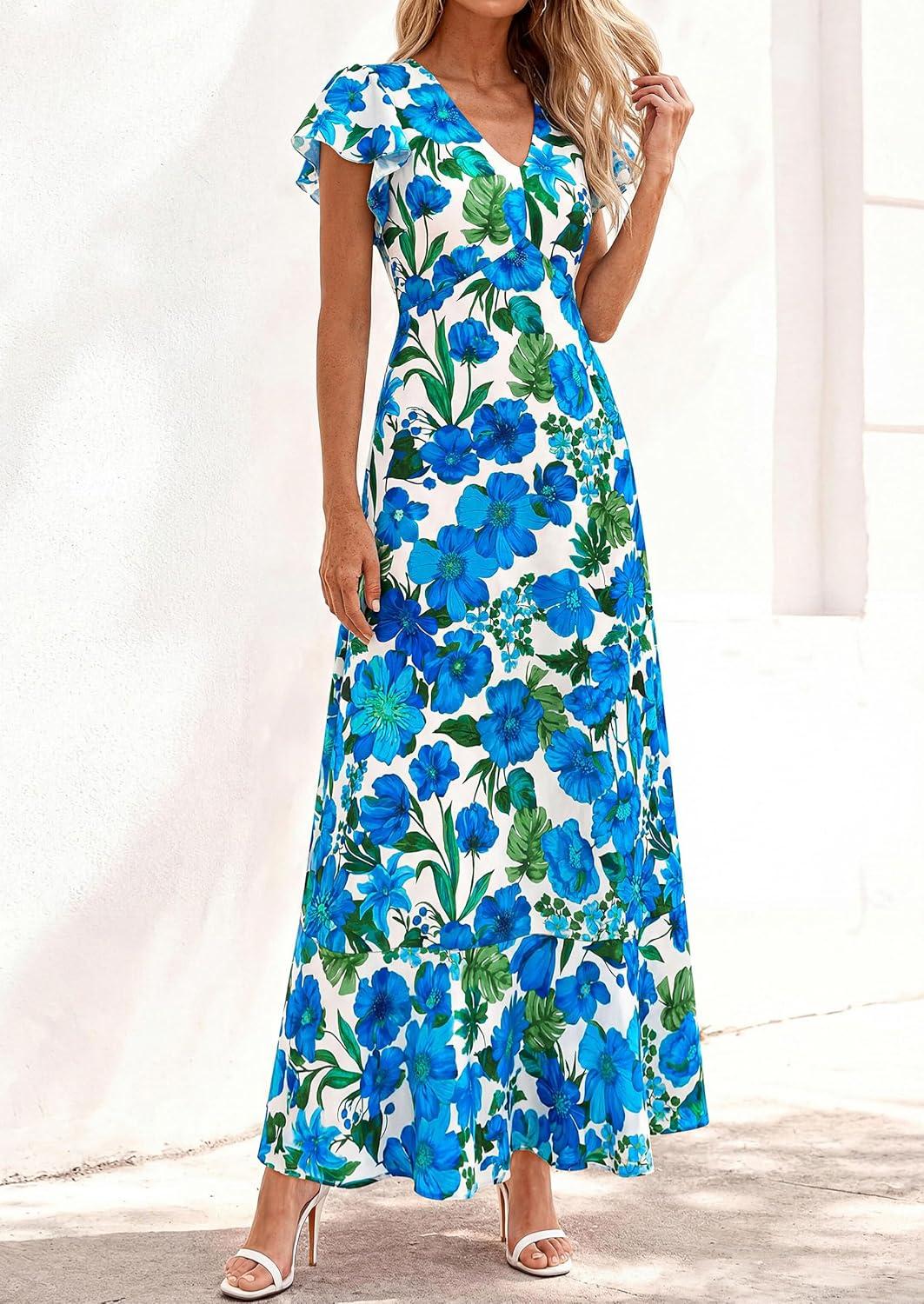 imagePRETTYGARDEN Wedding Guest Dresses for Women 2026 Spring Summer Short Sleeve Ruffle V Neck Floral Flowy Beach Maxi Long DressFloral Blue