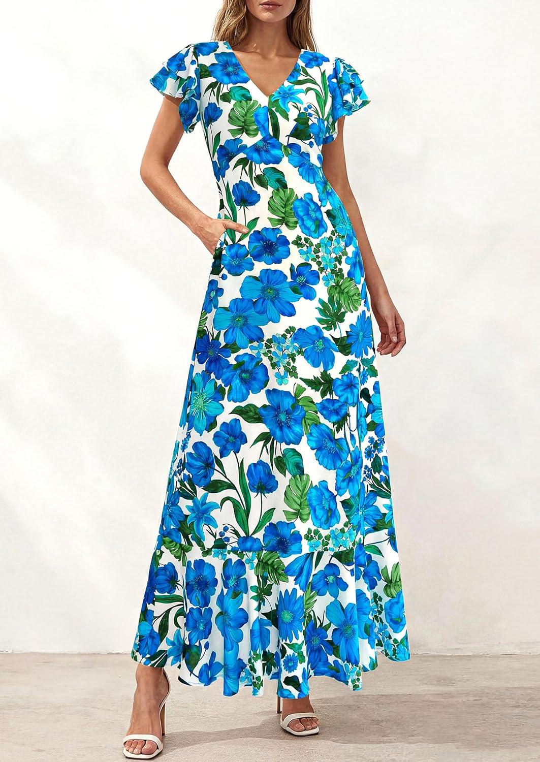 imagePRETTYGARDEN Wedding Guest Dresses for Women 2026 Spring Summer Short Sleeve Ruffle V Neck Floral Flowy Beach Maxi Long DressFloral Blue