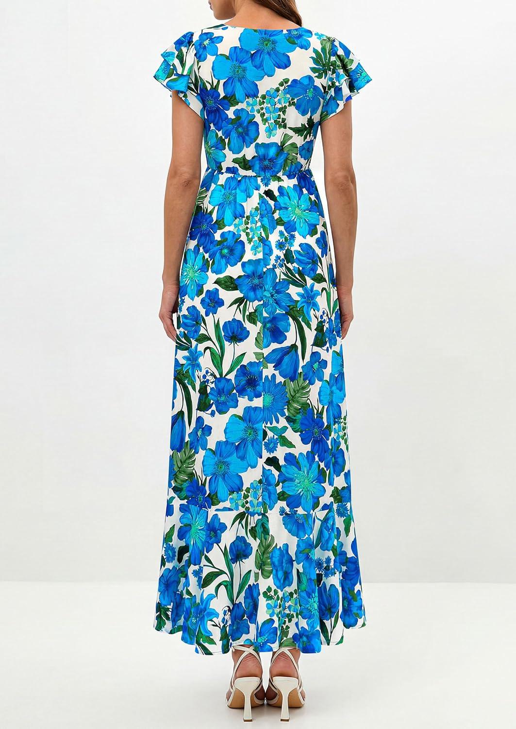 imagePRETTYGARDEN Wedding Guest Dresses for Women 2026 Spring Summer Short Sleeve Ruffle V Neck Floral Flowy Beach Maxi Long DressFloral Blue