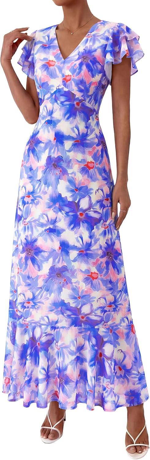imagePRETTYGARDEN Wedding Guest Dresses for Women 2026 Spring Summer Short Sleeve Ruffle V Neck Floral Flowy Beach Maxi Long DressFloral Purple