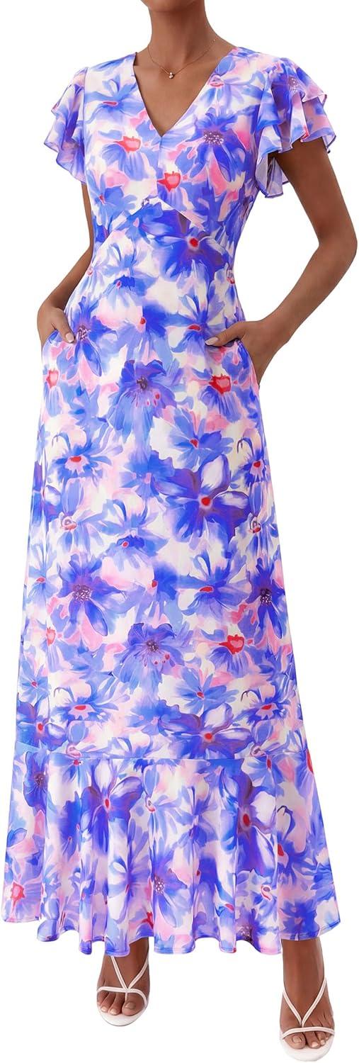 imagePRETTYGARDEN Wedding Guest Dresses for Women 2026 Spring Summer Short Sleeve Ruffle V Neck Floral Flowy Beach Maxi Long DressFloral Purple