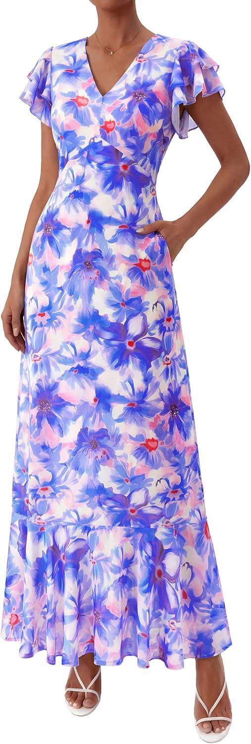 imagePRETTYGARDEN Wedding Guest Dresses for Women 2026 Spring Summer Short Sleeve Ruffle V Neck Floral Flowy Beach Maxi Long DressFloral Purple
