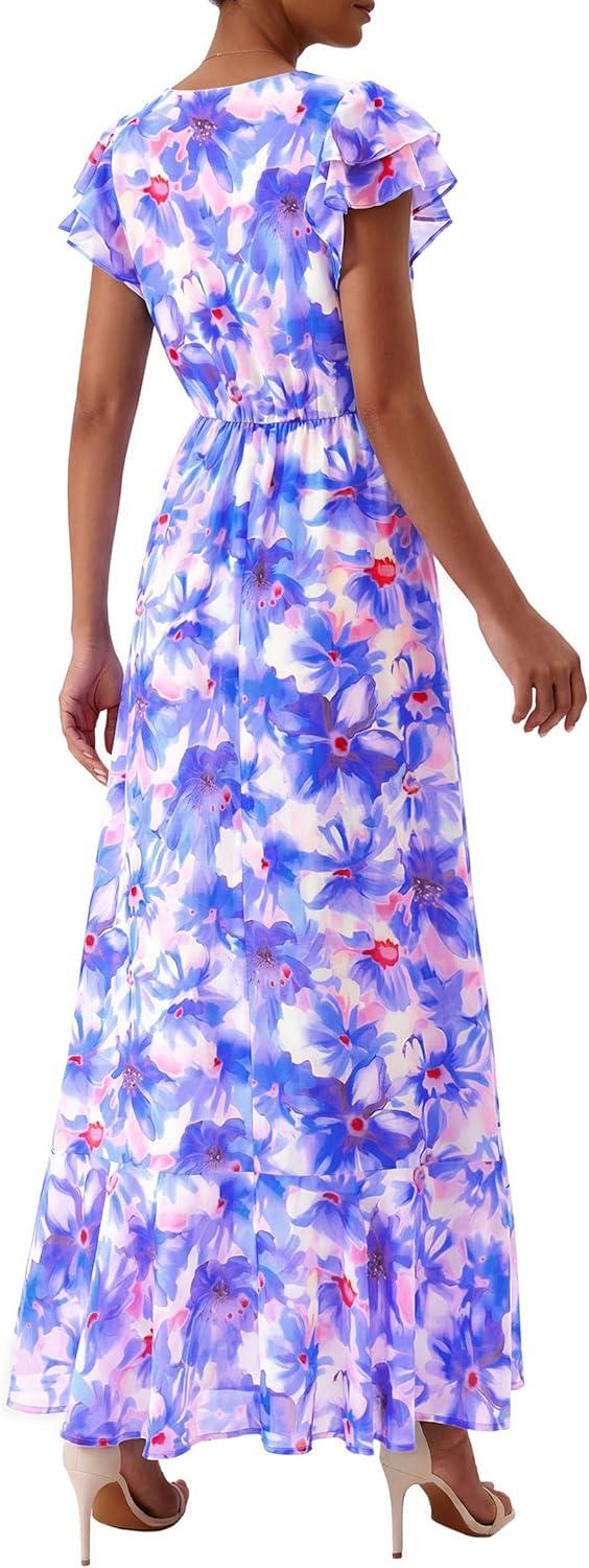 imagePRETTYGARDEN Wedding Guest Dresses for Women 2026 Spring Summer Short Sleeve Ruffle V Neck Floral Flowy Beach Maxi Long DressFloral Purple