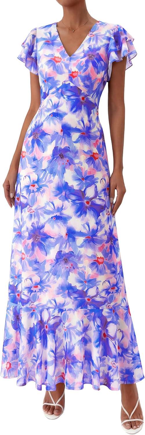 imagePRETTYGARDEN Wedding Guest Dresses for Women 2026 Spring Summer Short Sleeve Ruffle V Neck Floral Flowy Beach Maxi Long DressFloral Purple