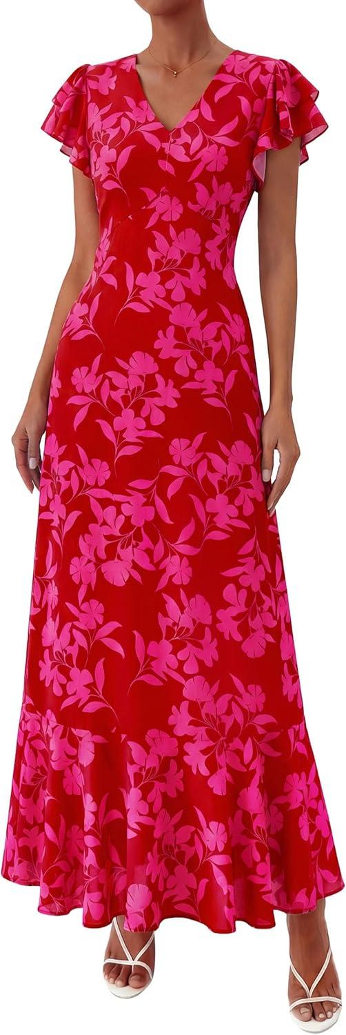 imagePRETTYGARDEN Wedding Guest Dresses for Women 2026 Spring Summer Short Sleeve Ruffle V Neck Floral Flowy Beach Maxi Long DressRed Floral