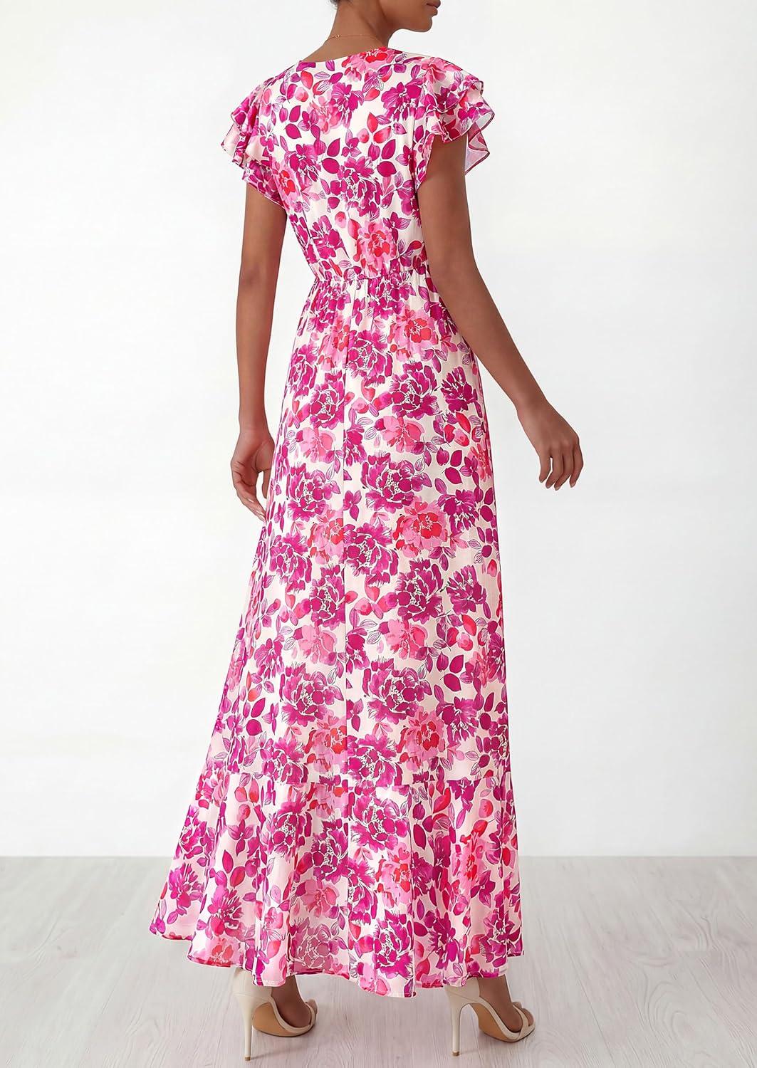 imagePRETTYGARDEN Wedding Guest Dresses for Women 2026 Spring Summer Short Sleeve Ruffle V Neck Floral Flowy Beach Maxi Long DressRose Red Floral