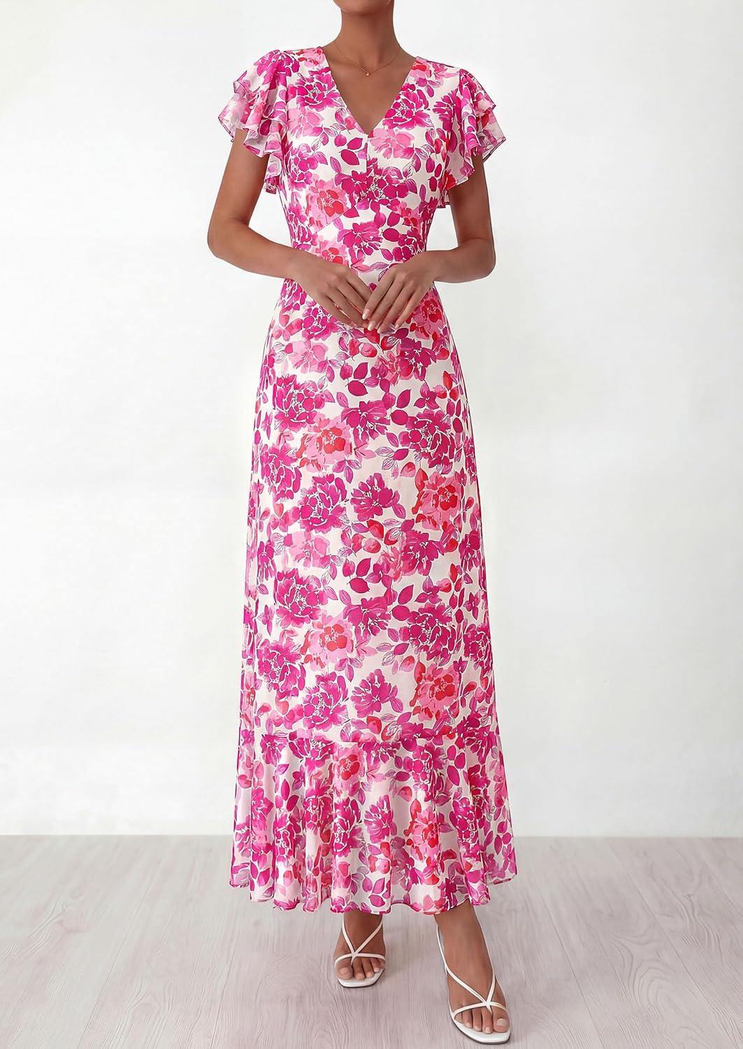imagePRETTYGARDEN Wedding Guest Dresses for Women 2026 Spring Summer Short Sleeve Ruffle V Neck Floral Flowy Beach Maxi Long DressRose Red Floral